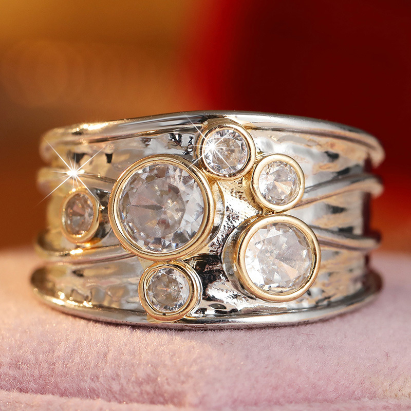 Vintage Hammered Two-Tone Wide Band Ring with Cubic Zirconia